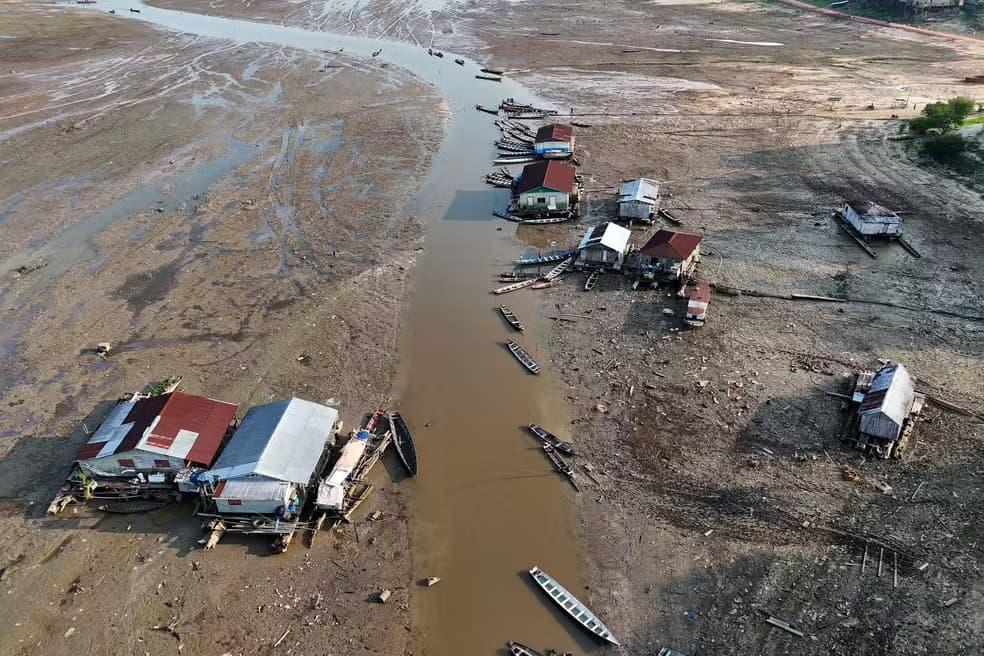 Leito seco de um afluente do rio Negro na região de Manaus expõe troncos e raízes de árvores.