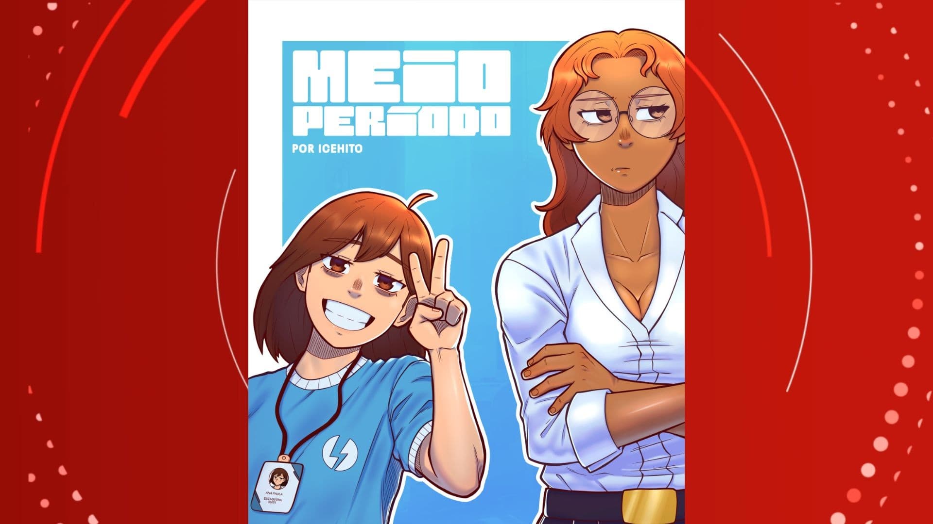 Ilustração em traços de manga mostra personagem feminina em ambiente de escritório.
