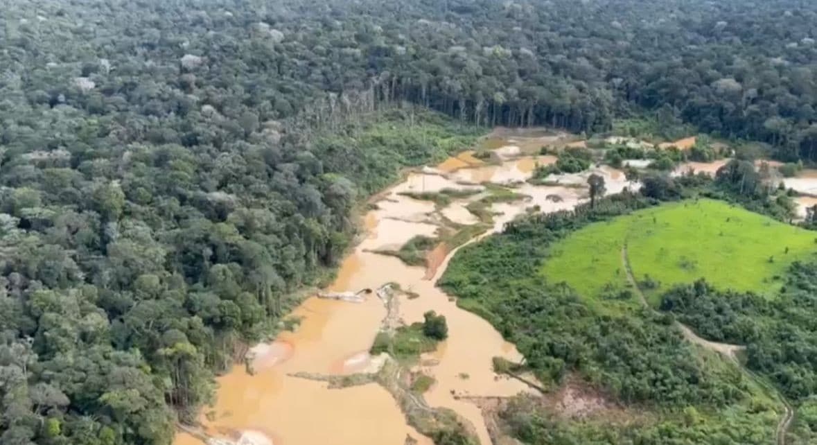 Escavadeiras destruídas em operação policial na floresta amazônica.