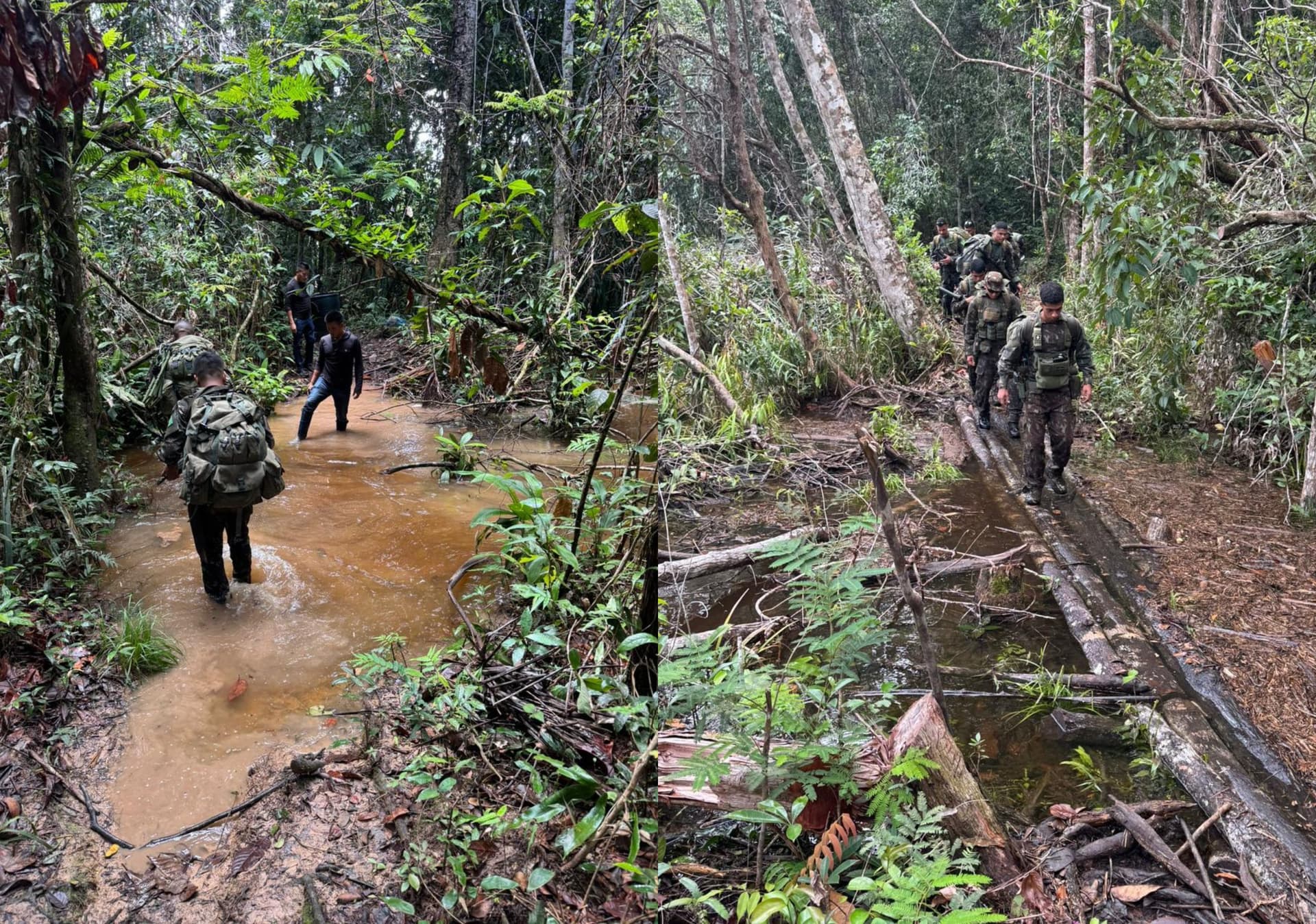 Militares caminham por trilha fechada em floresta de Roraima