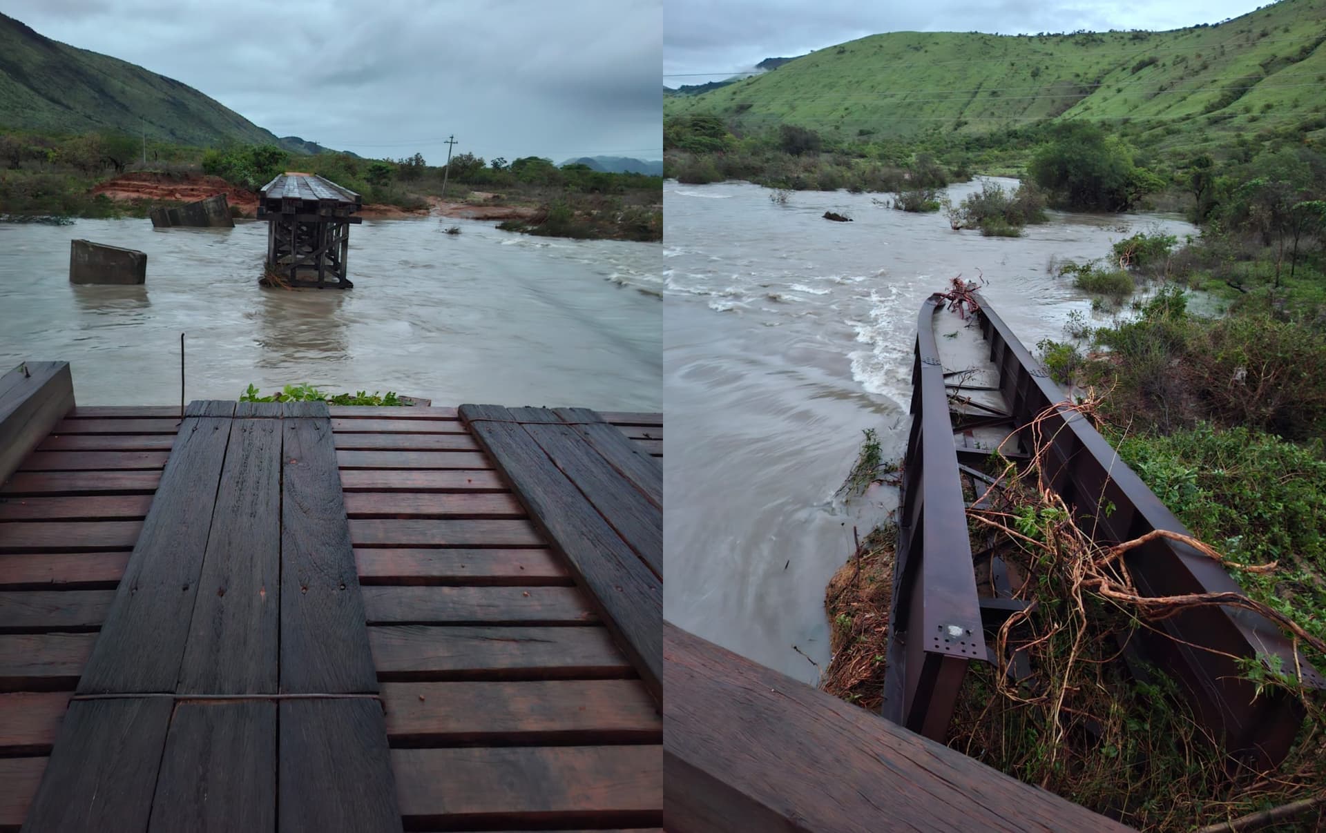 Vista da estrutura destruída da ponte sobre o rio Cambaru em Uiramutã.