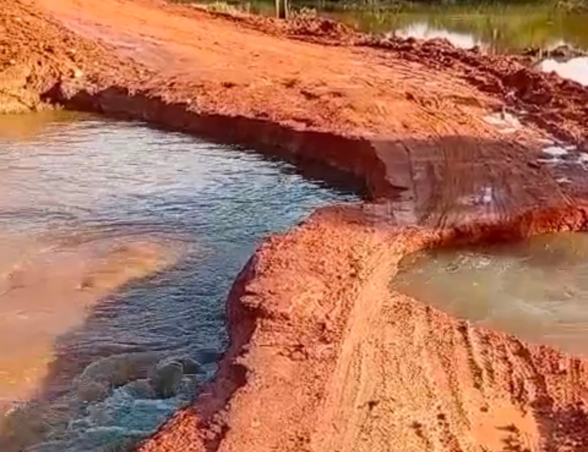 Estrada de terra vicinal alagada com água chegando à altura da vegetação em região rural de Roraima.