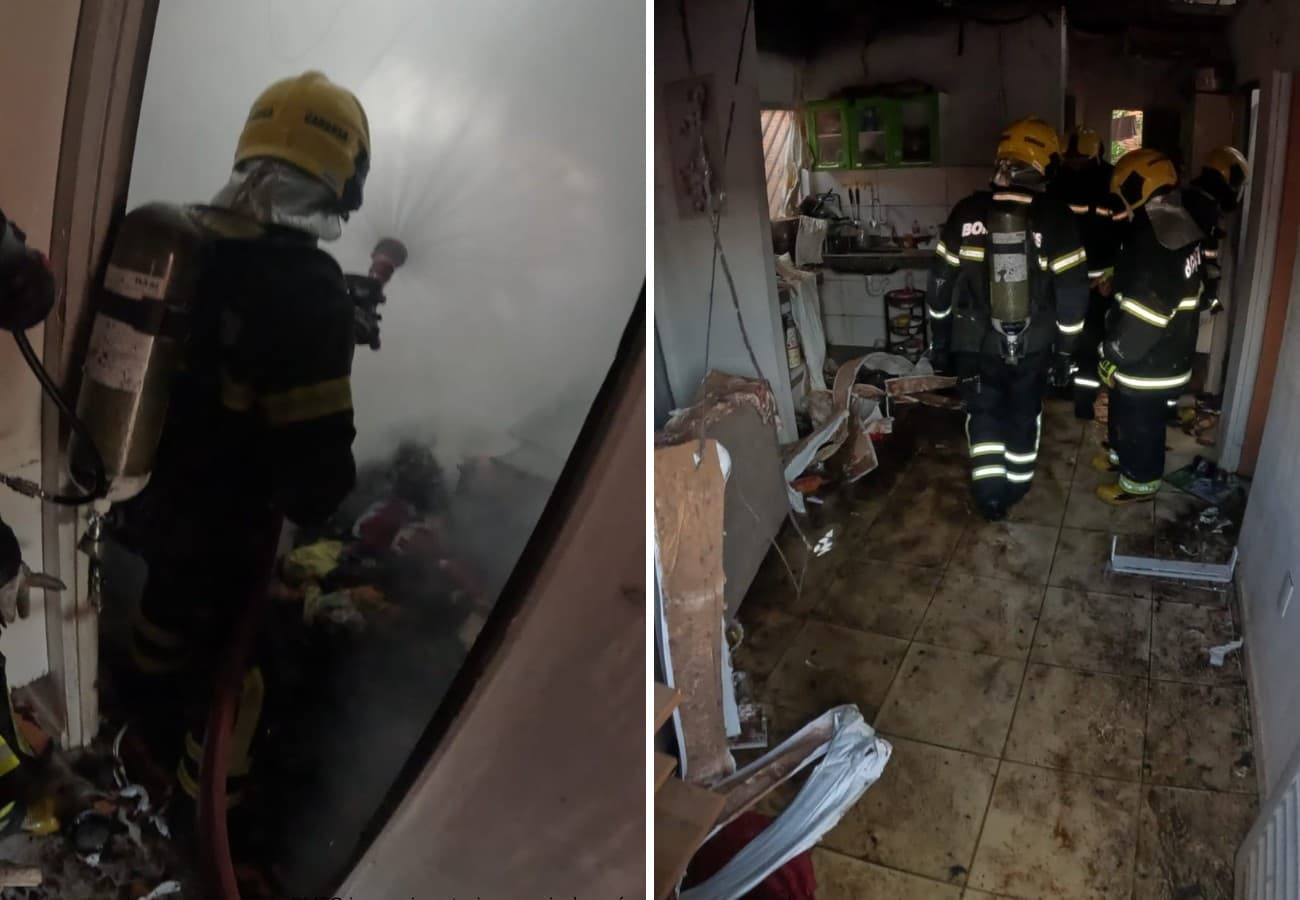 Residência com móveis danificados e fuligem no chão após incêndio em Araguaína.