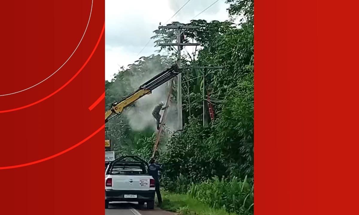 Veículo de manutenção em rodovia no interior do Amazonas próximo à rede elétrica.