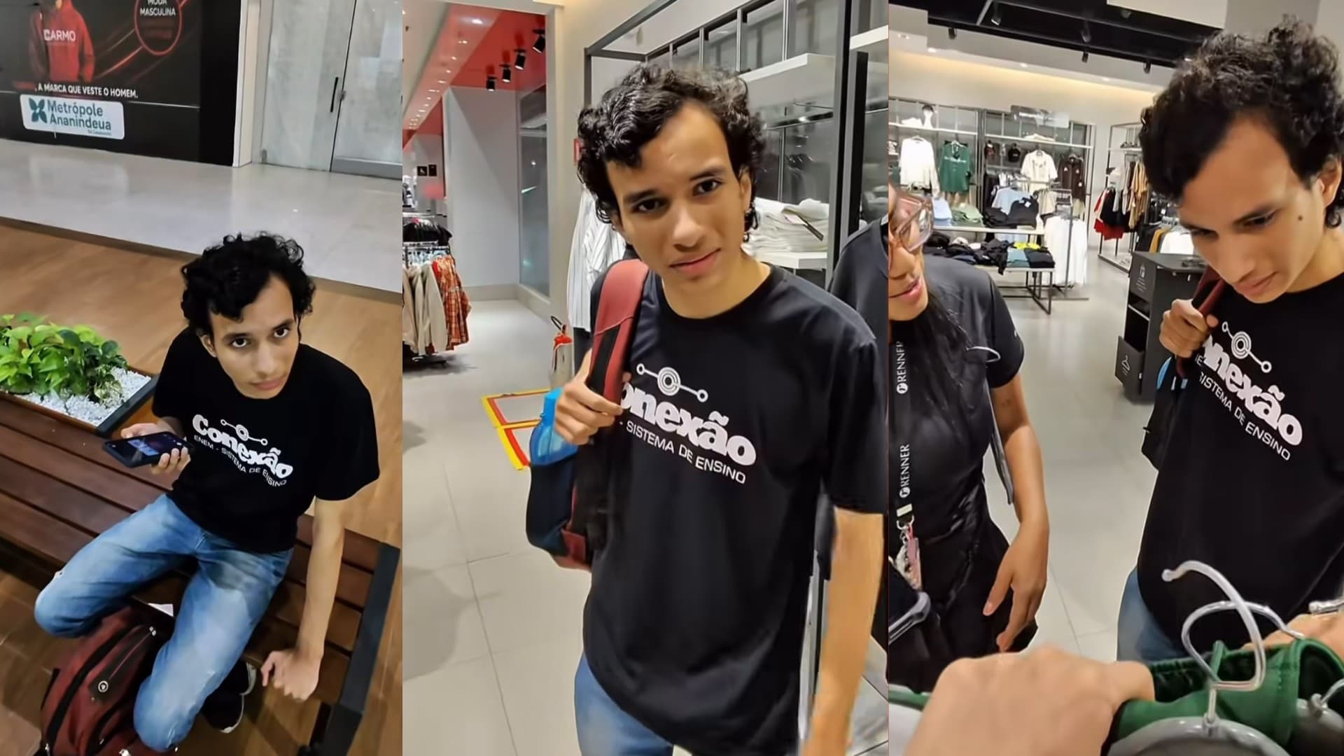 Jovem Douglas sentado em banco de shopping com mochila no colo em Ananindeua.