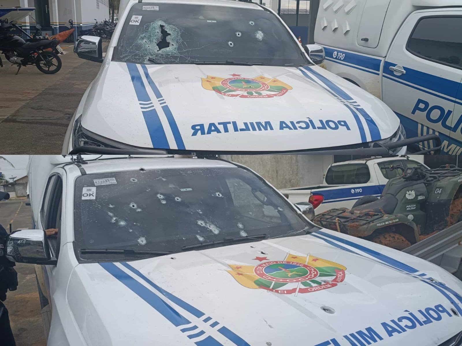 Viaturas da Polícia Militar com marcas de projéteis no para-brisa em Cruzeiro do Sul.