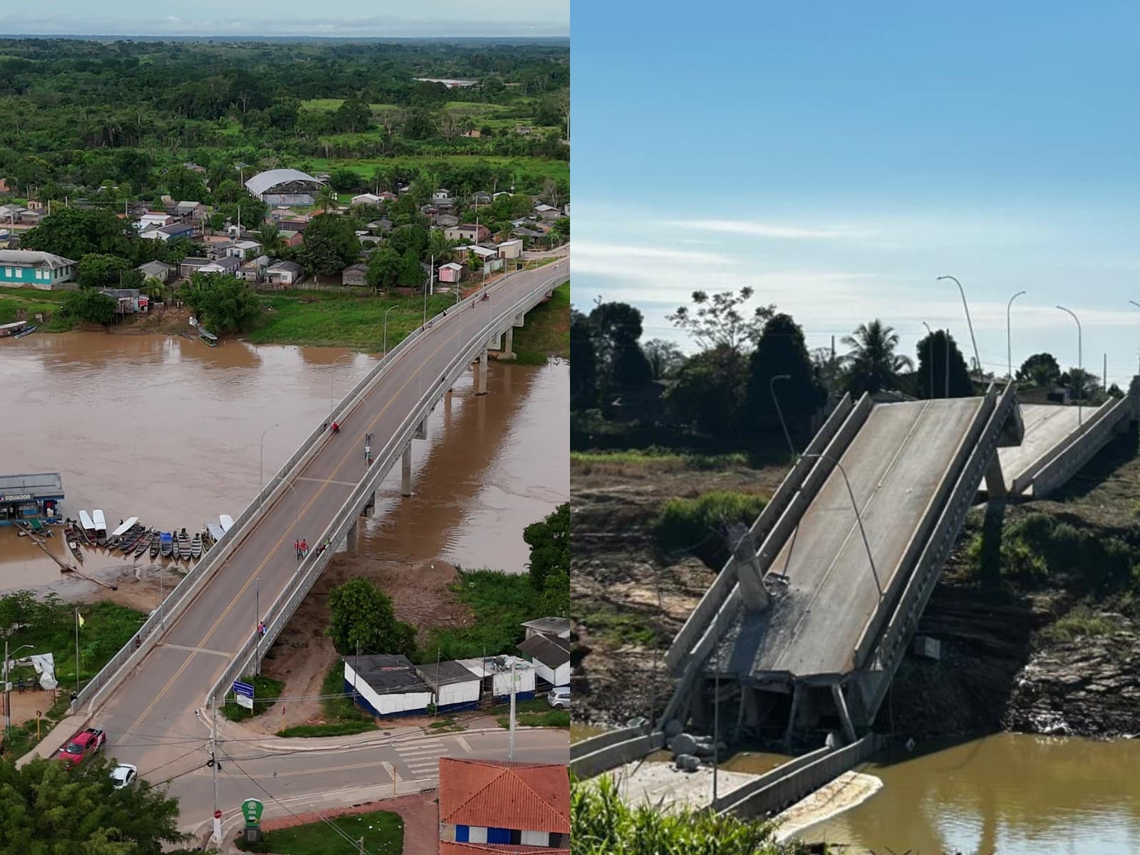 Vista aérea mostra resto da ponte de concreto sobre o Rio Iaco em Sena Madureira.