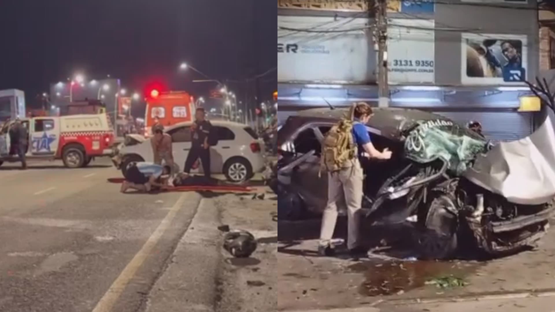 Viaturas da Polícia Militar e destroços de motocicleta na Avenida Augusto Montenegro após acidente fatal.