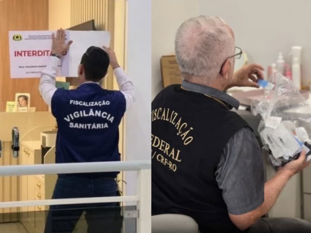 Policial Civil recolhe caixas de medicamentos e documentos durante mandado de busca em clínica em Porto Velho.