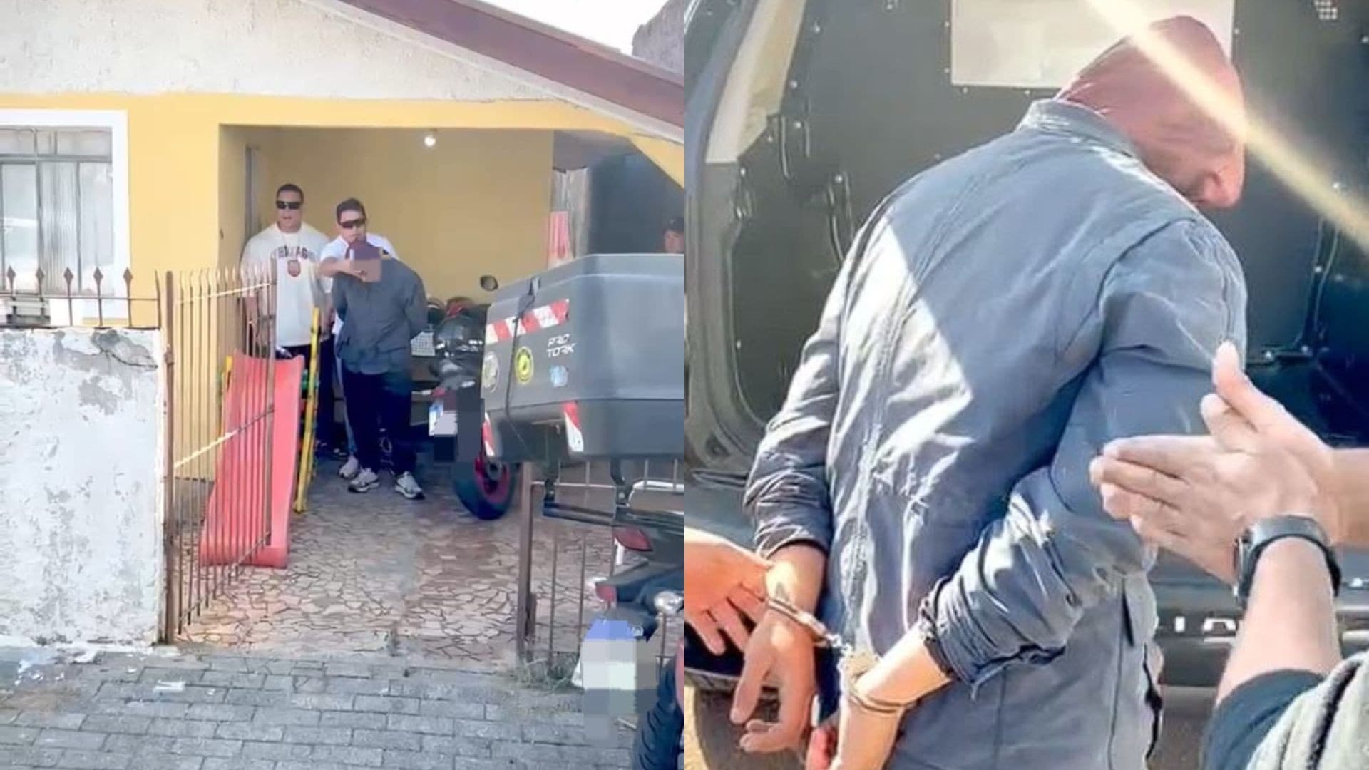 Viatura policial estacionada em via pública de Curitiba durante diligência da Operação Arsenal Invisível.