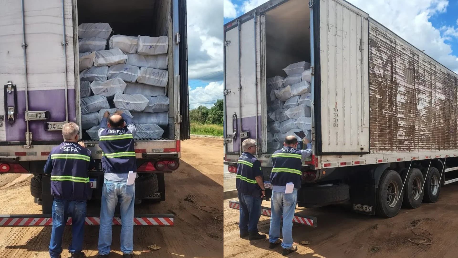 Caixas de polpa de açaí empilhadas em caminhão durante fiscalização da Sefa-PA em rodovia do Pará.