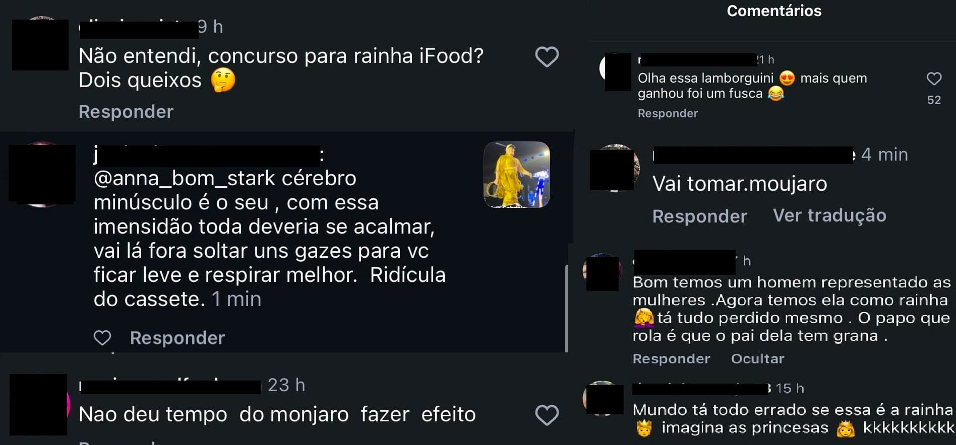 Jovem mulher usa faixa de rainha e olha para celular com expressão séria em ambiente doméstico.