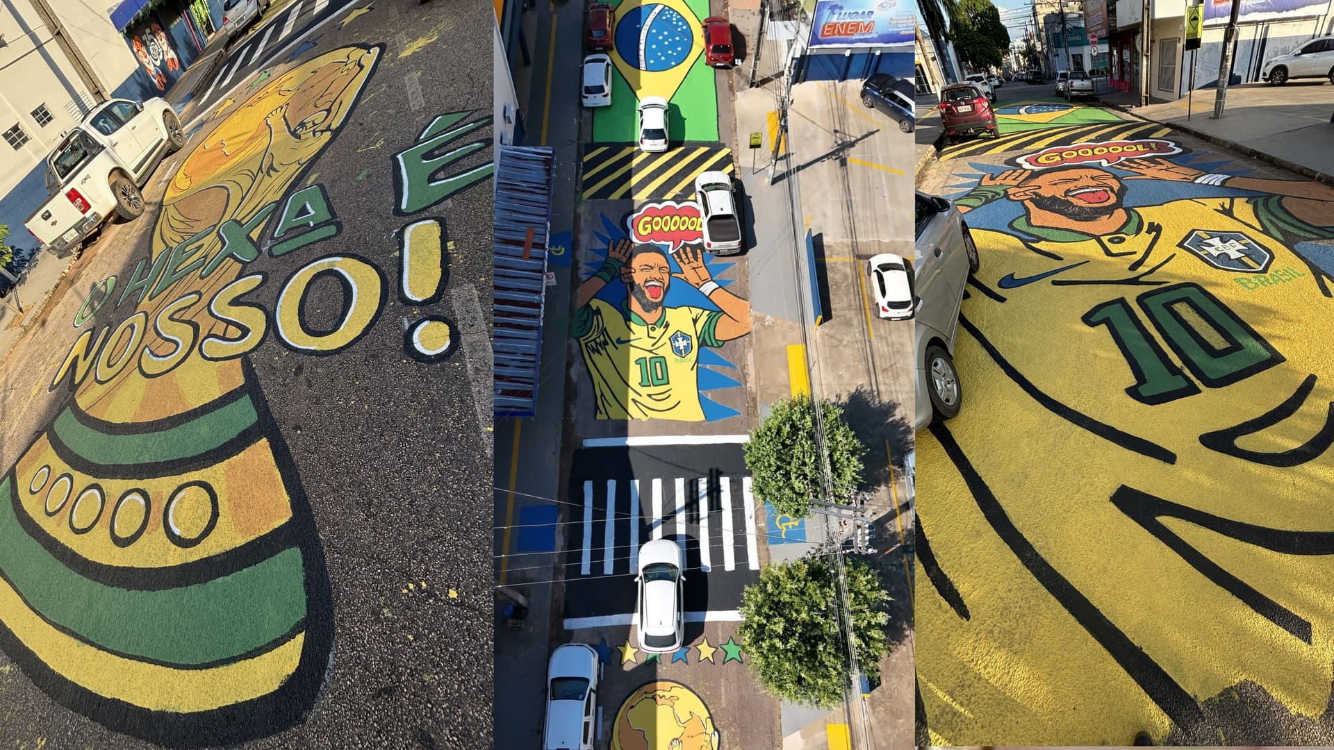Muro extenso pintado de verde e amarelo com crianças segurando latas de tinta spray em Porto Velho.