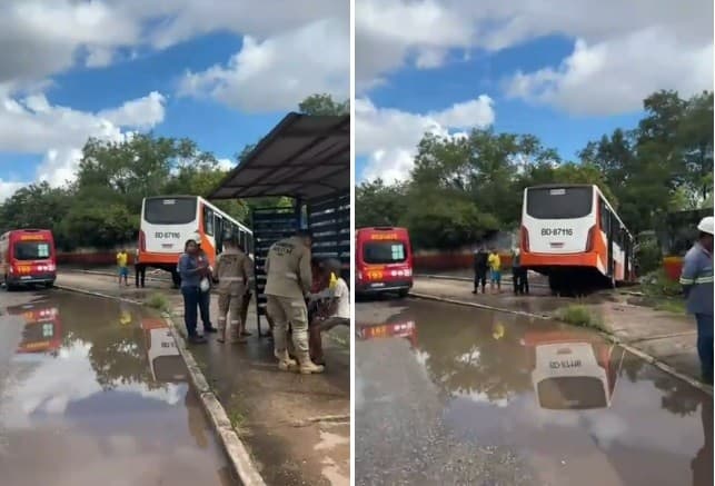 Frente de ônibus coletivo danificada após colisão contra muro na avenida Arthur Bernardes.