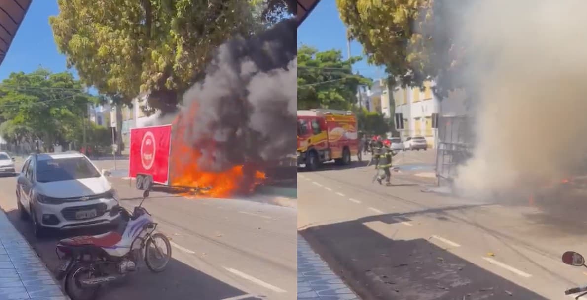 Trailer destruído pelo fogo ainda emite fumaça em frente à Praça Duque de Caxias, em Marabá.