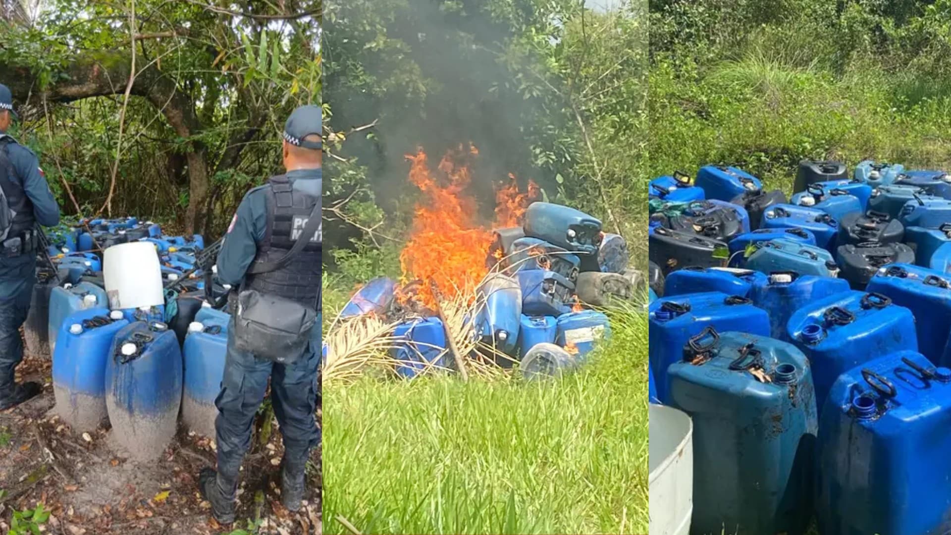 Policiais do Graesp em frente a tambores apreendidos em área rural de Soure.