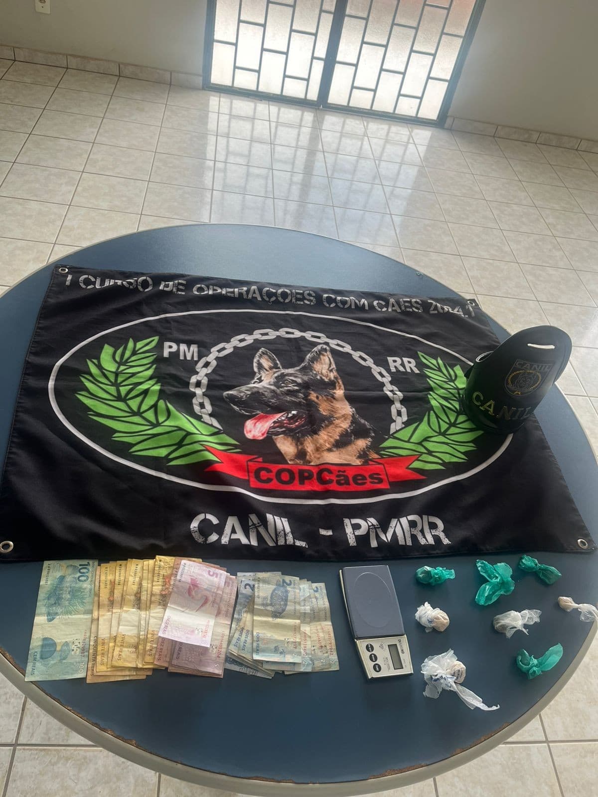 Cadela policial farejando objeto em residência durante operação em Boa Vista.